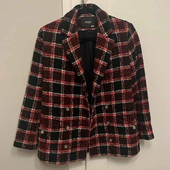 Maje plaid tweed blazer. Red and black plaid. Size 34. Pre-owned.
